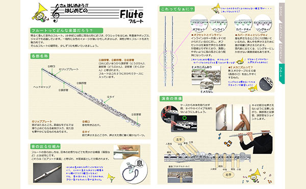 <span>はじめてのフルート</span>これからフルートを始めてみたい方のために、フルートの音が出る仕組みや、組み立て方を解説。